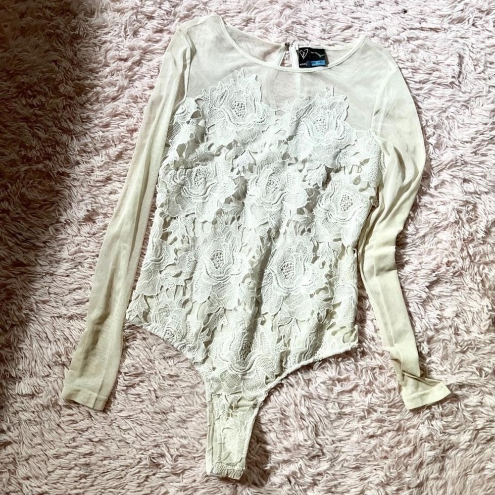 White Lace Coquette Twee Fairy‎ Core Soft Girl Floral Sheer Bodysuit Womens M